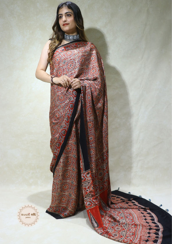 Ajrakh Modal Silk Saree from Kutch – Handcrafted with Natural Dyes