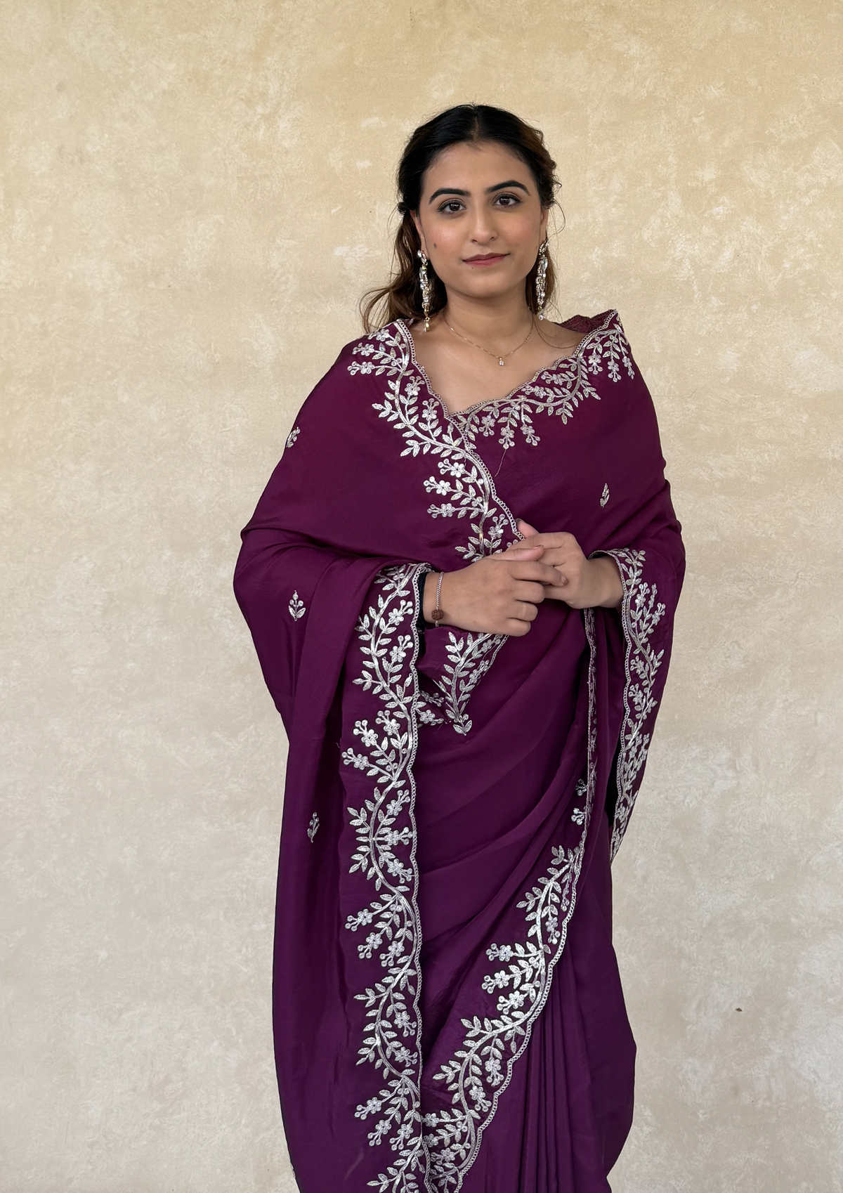 Wine H.O. Silk Saree with Zardosi Work