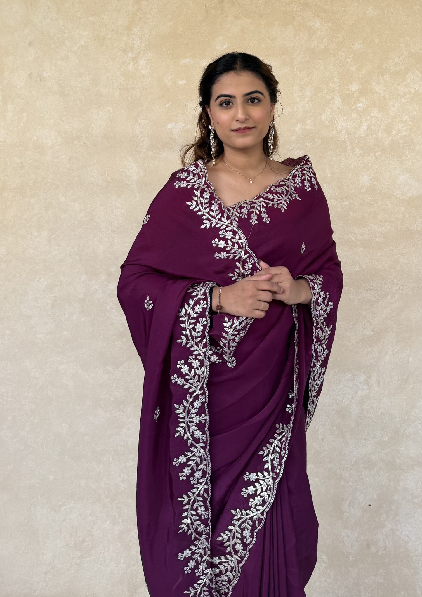 Wine H.O. Silk Saree with Zardosi Work
