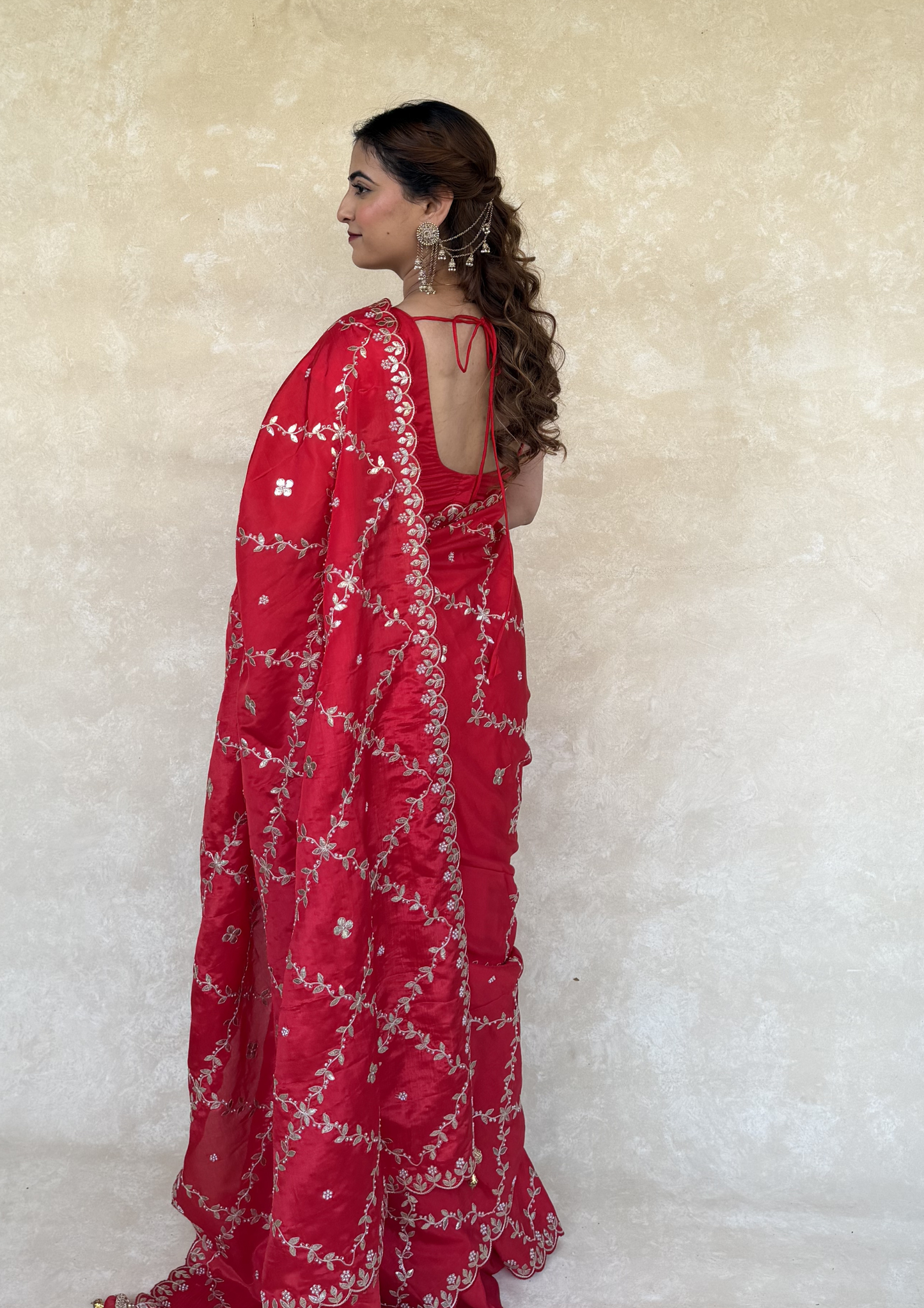 Red H.O. Silk Saree with Gota Foil, Sequence & Moti Work