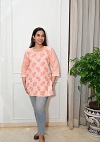 Cotton Short Kurti With Intricate Embroidery All Over-Apricot
