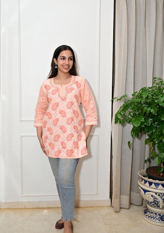 Cotton Short Kurti With Intricate Embroidery All Over-Apricot