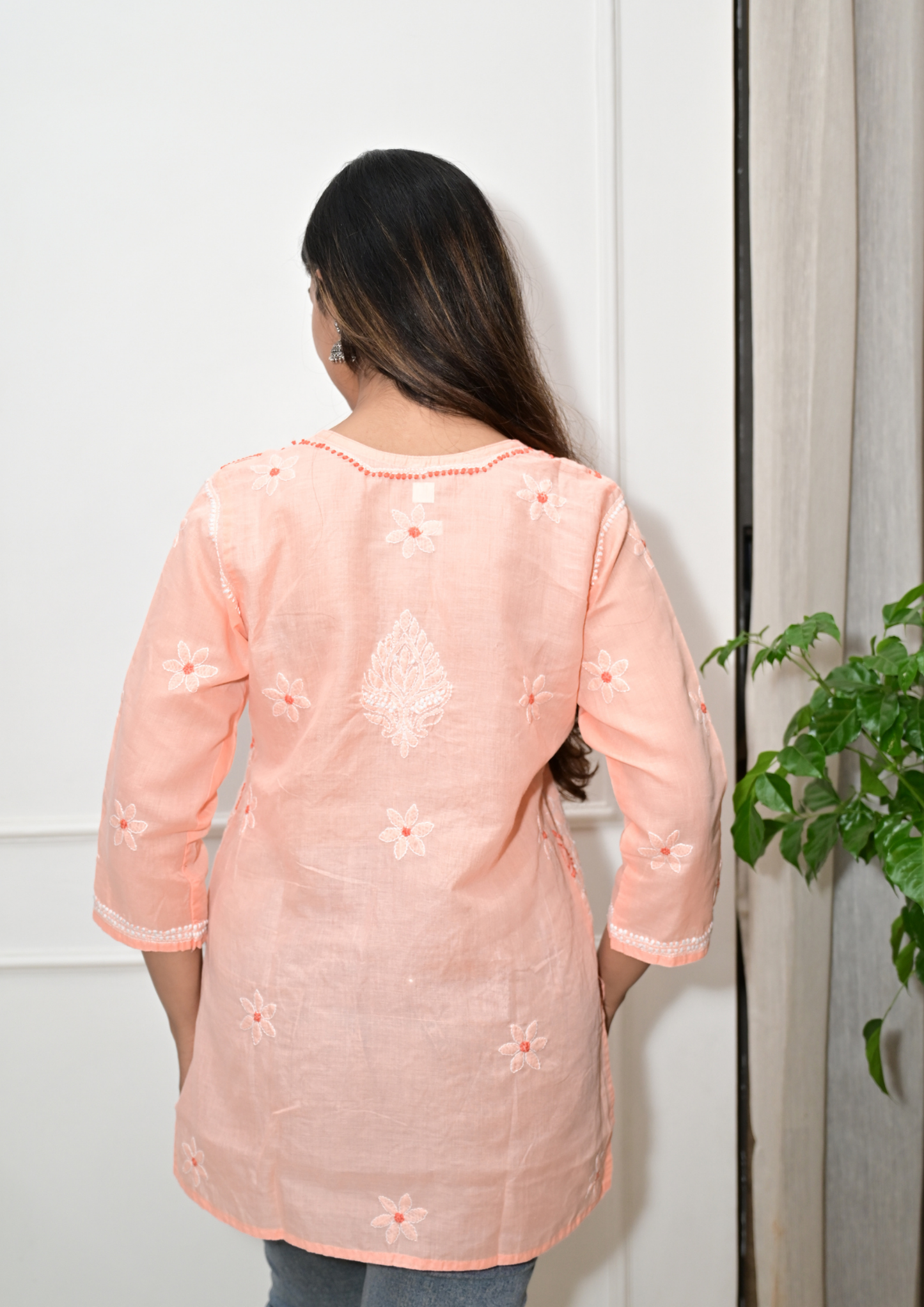Cotton Short Kurti With Intricate Embroidery All Over-Apricot