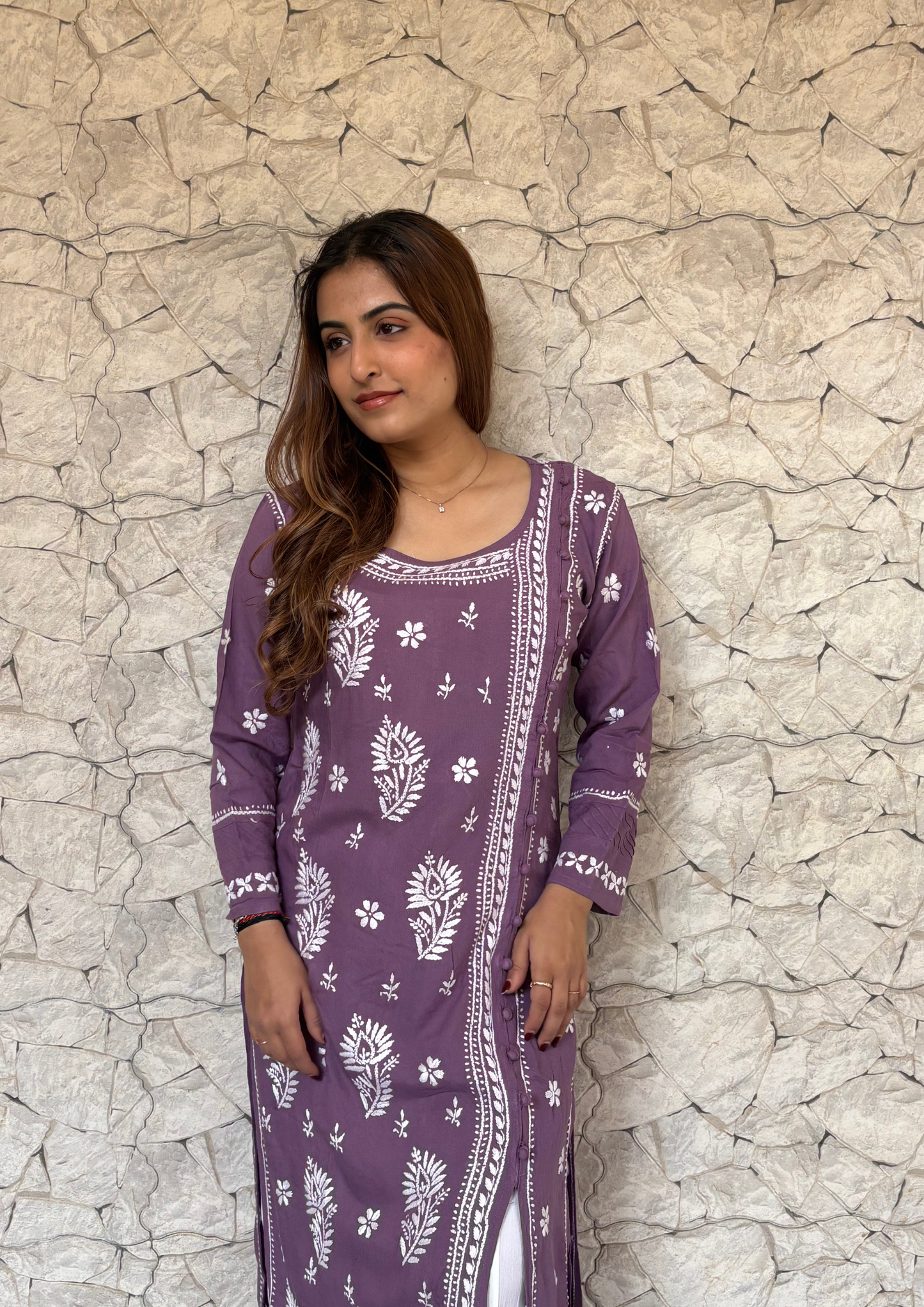 Modal Angrakha Style Kurti With One Side Slit- Lilac