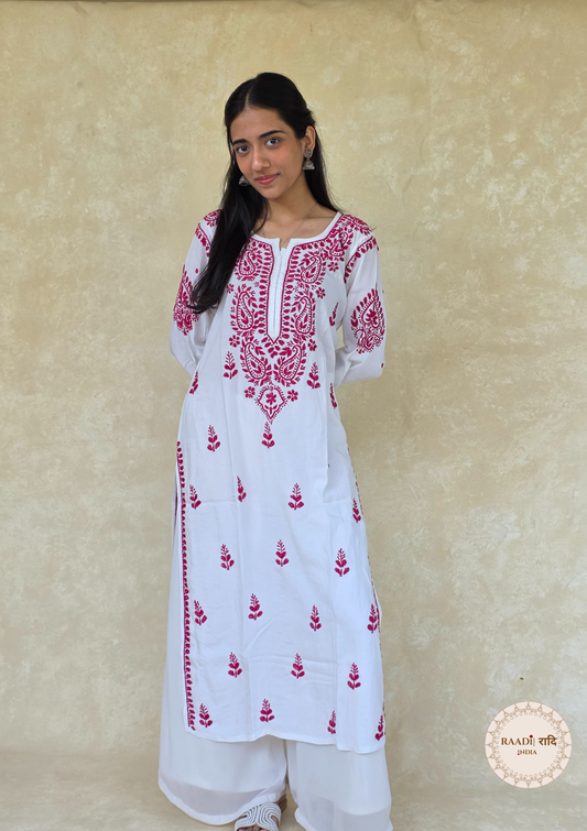 Handcrafted Rayon White Kurta With Contrast Pink Threads