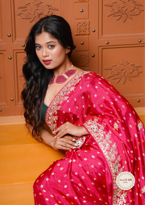 Bandhani Gajji Silk Saree with Gota Patti Border-Pink