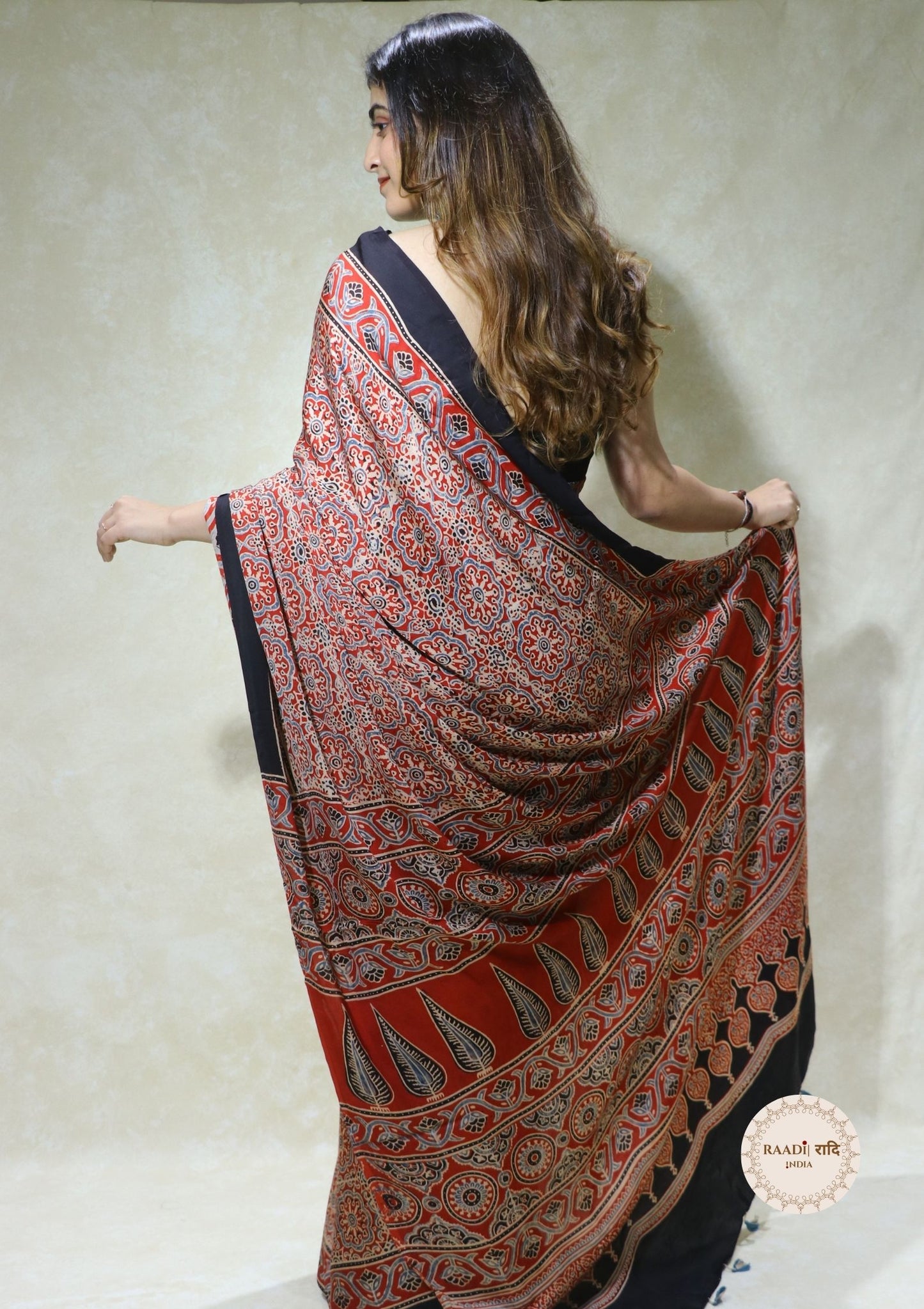Ajrakh Modal Silk Saree from Kutch – Handcrafted with Natural Dyes