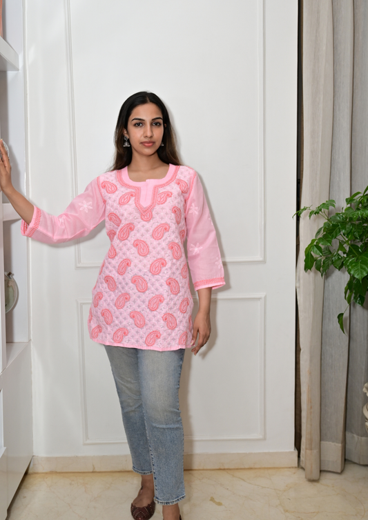 Cotton Short Kurti With Intricate Embroidery All Over-Peach Pink