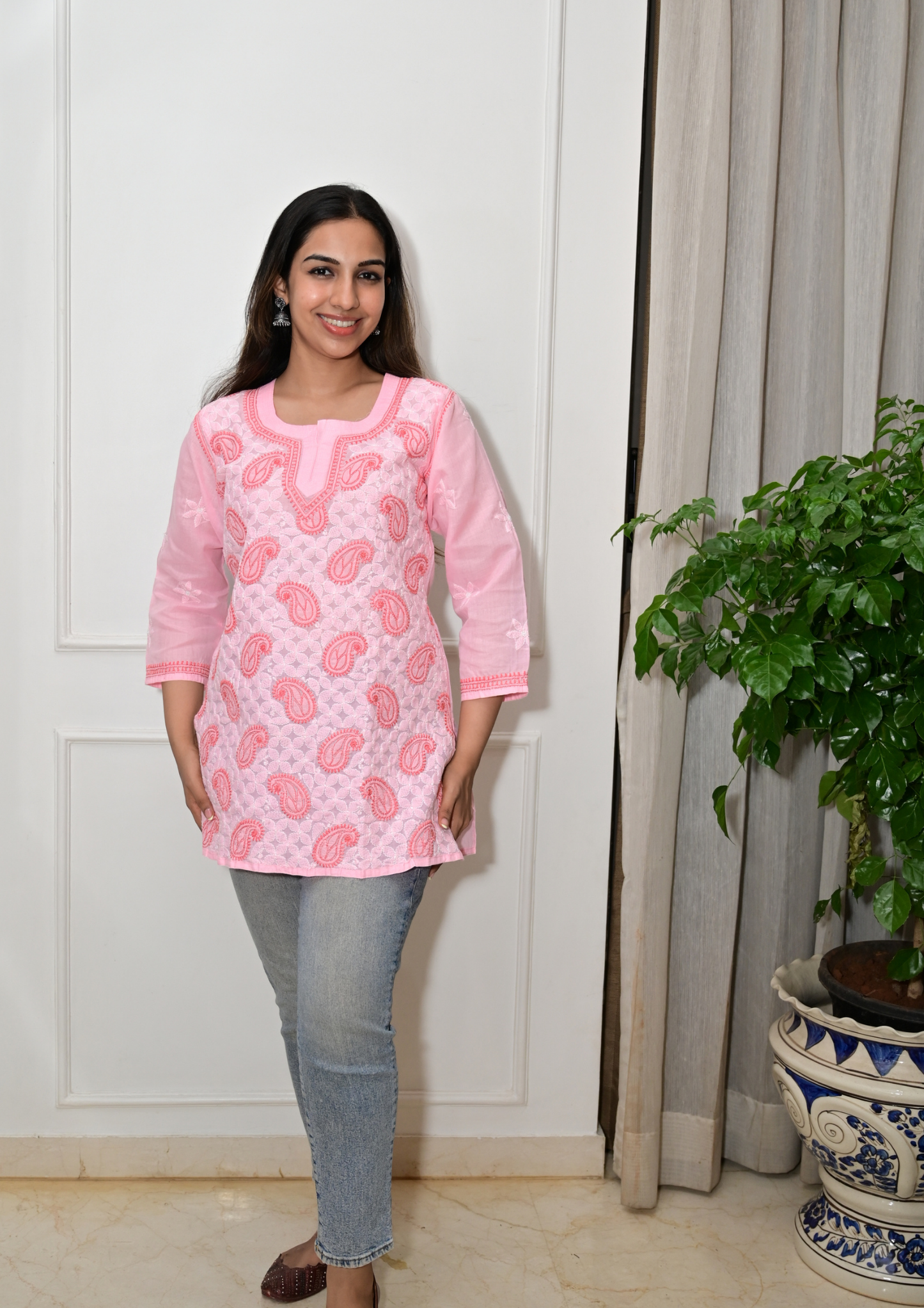 Cotton Short Kurti With Intricate Embroidery All Over-Peach Pink