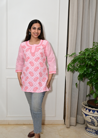 Cotton Short Kurti With Intricate Embroidery All Over-Peach Pink