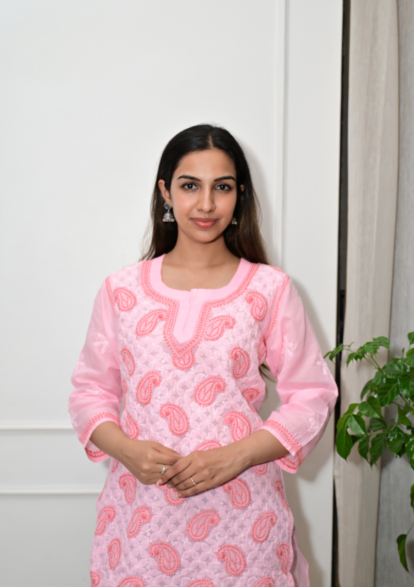 Cotton Short Kurti With Intricate Embroidery All Over-Peach Pink