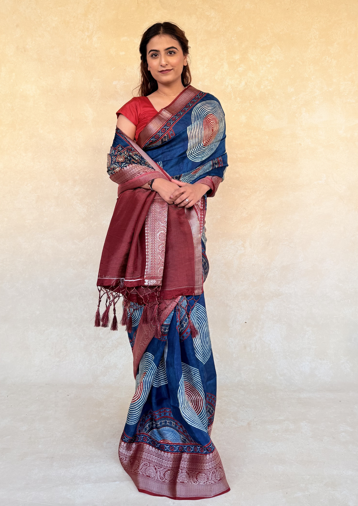 Russian Dola Silk Saree in Indigo & Madder with Circular Ajrakh-Inspired Motifs