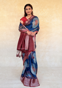 Russian Dola Silk Saree in Indigo & Madder with Circular Ajrakh-Inspired Motifs