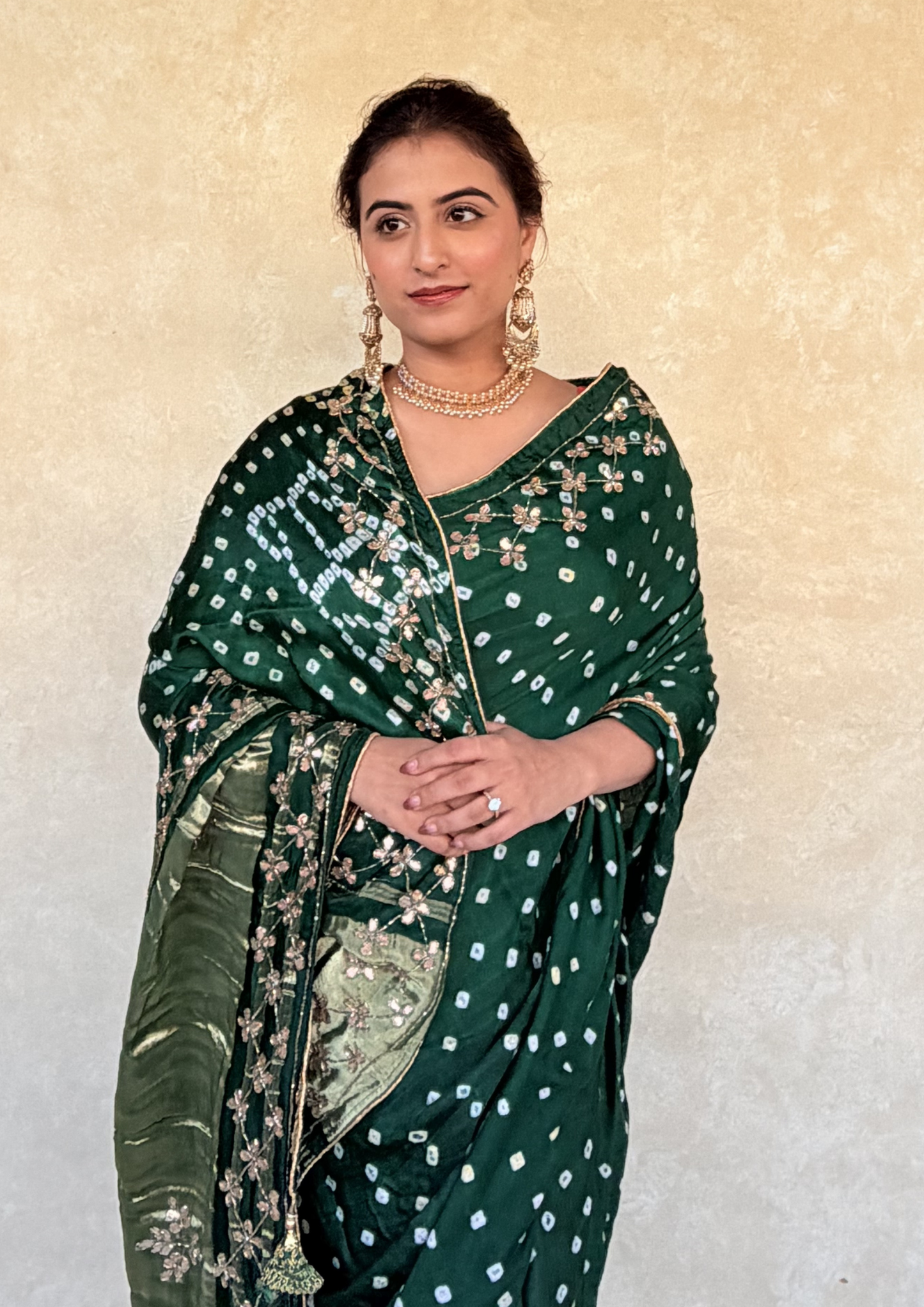 Modal Gajji Bandhani Saree With Handcrafted Cutdhana Work-Green
