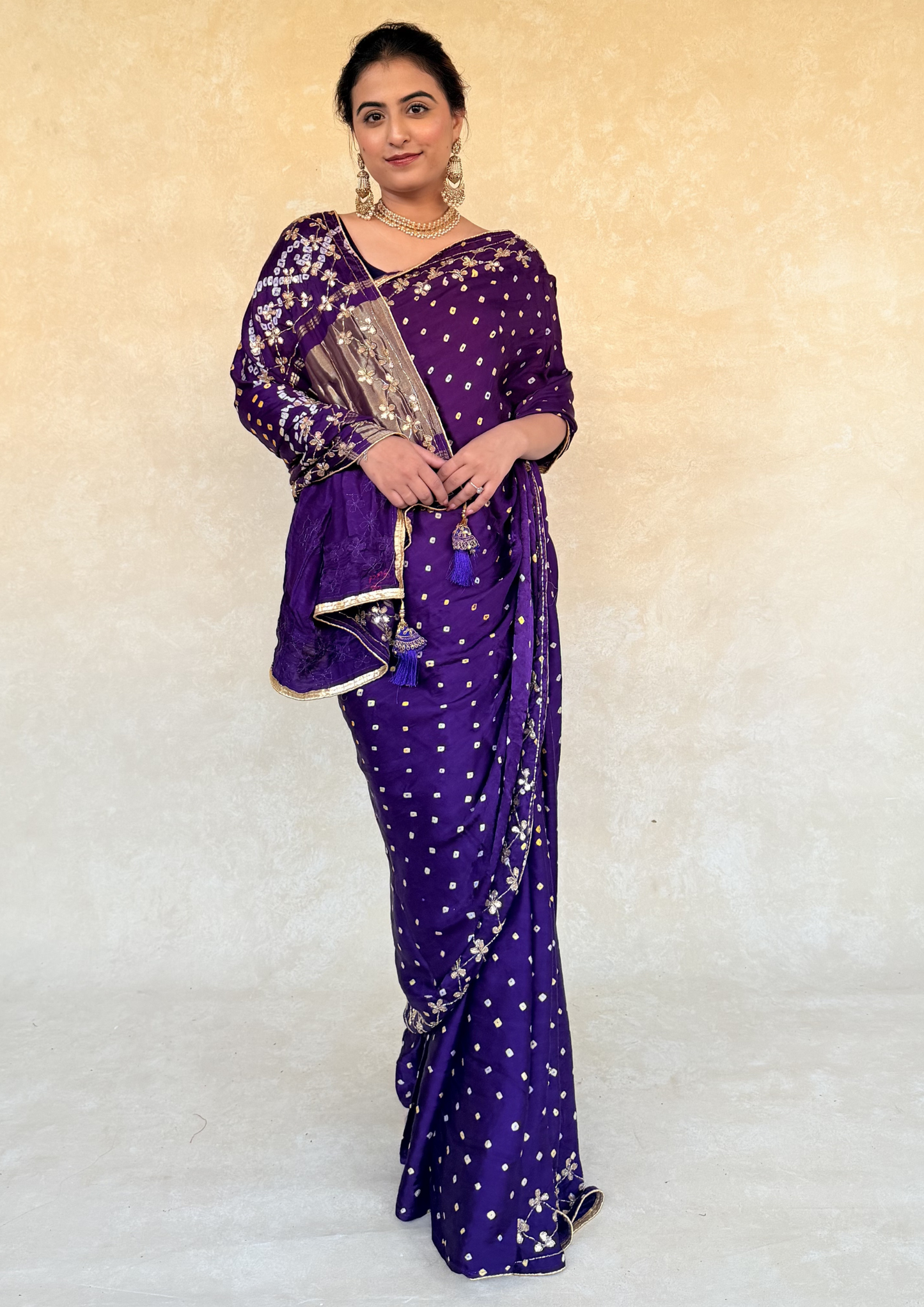 Modal Gajji Bandhani Saree With Handcrafted Cutdhana Work- Purple