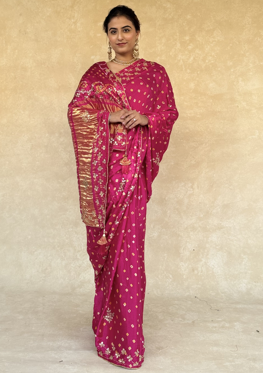 Modal Gajji Bandhani Saree With Handcrafted Cutdhana Work- Pink