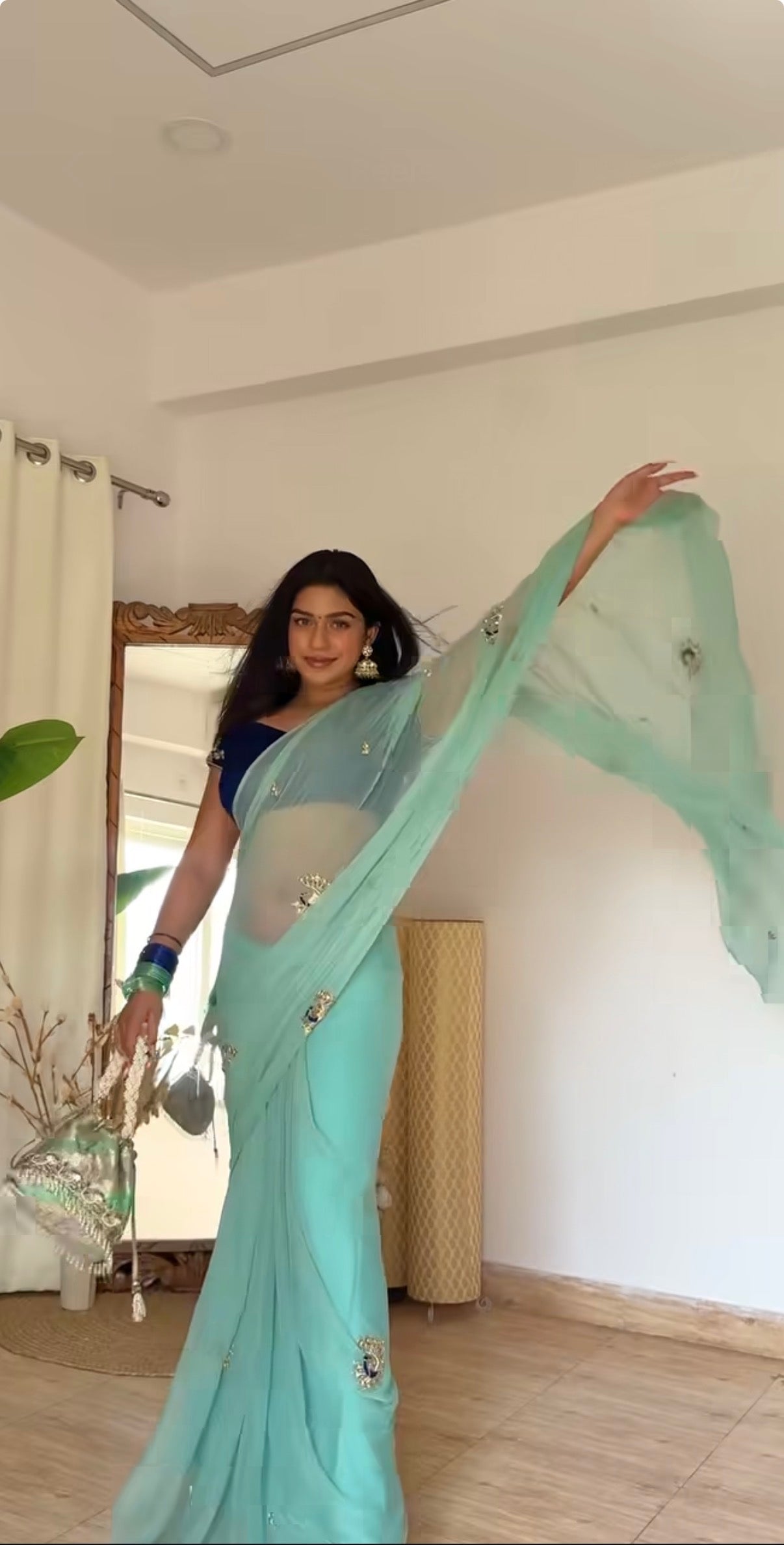Handcrafted Rajputi Pure Chiffon Saree- Turquoise Blue