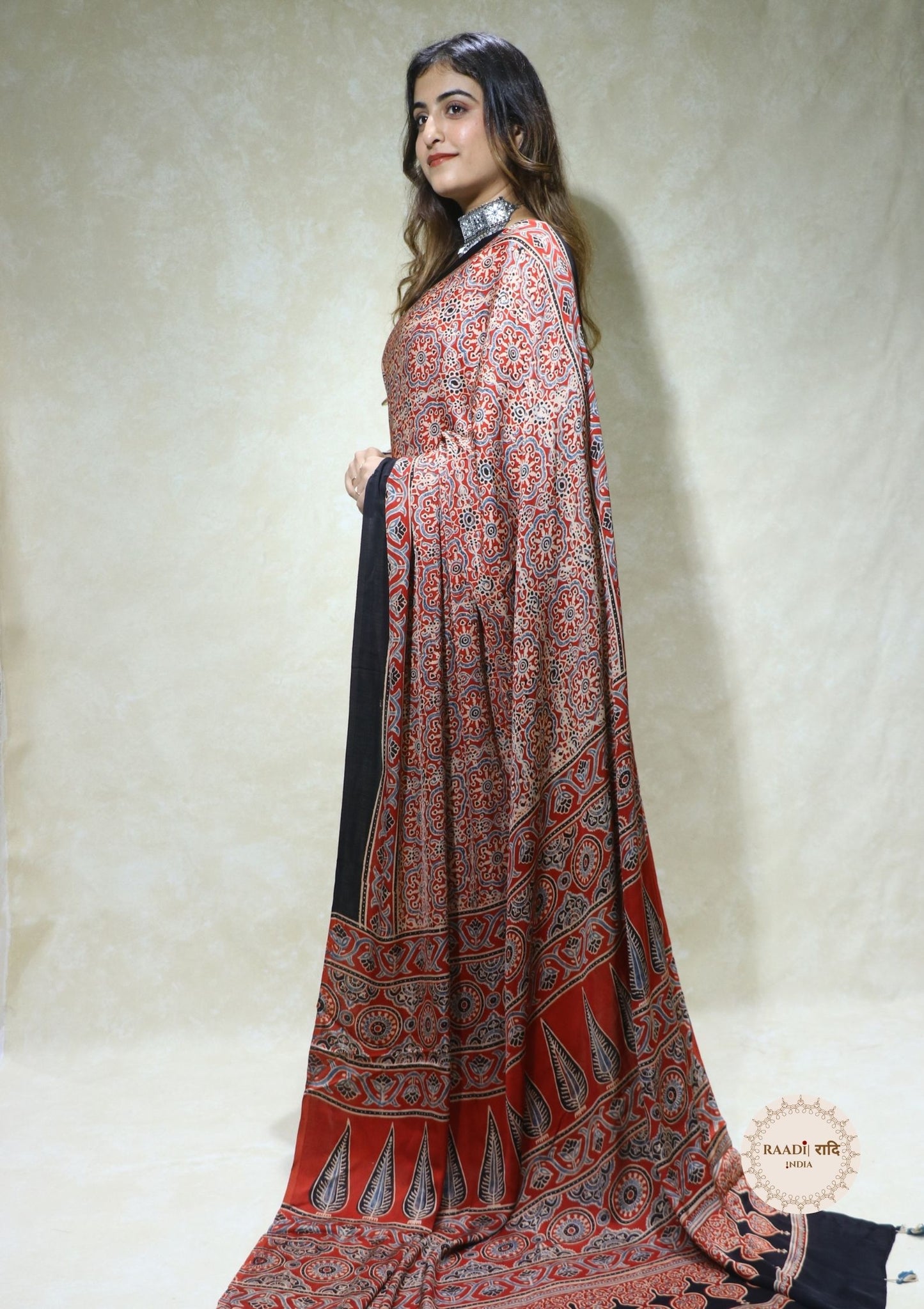 Ajrakh Modal Silk Saree from Kutch – Handcrafted with Natural Dyes