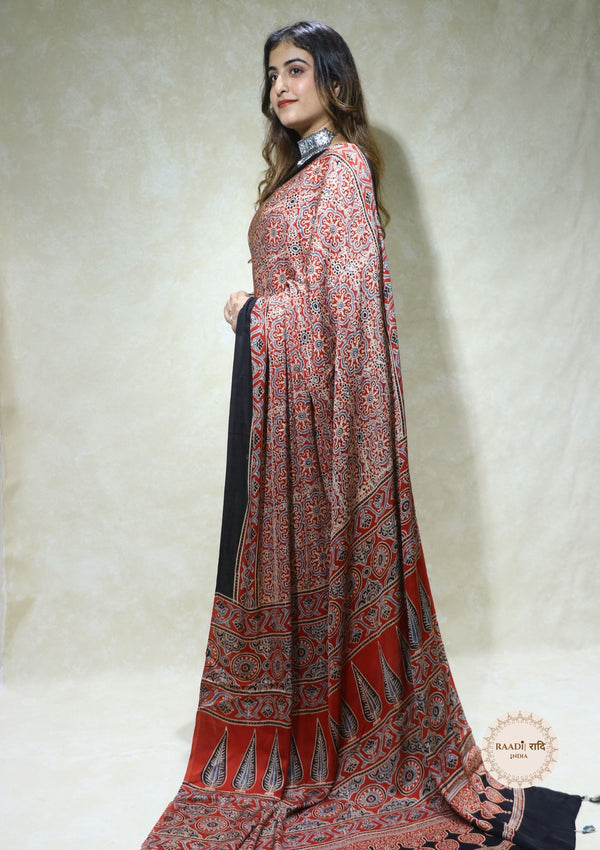 Ajrakh Modal Silk Saree from Kutch – Handcrafted with Natural Dyes