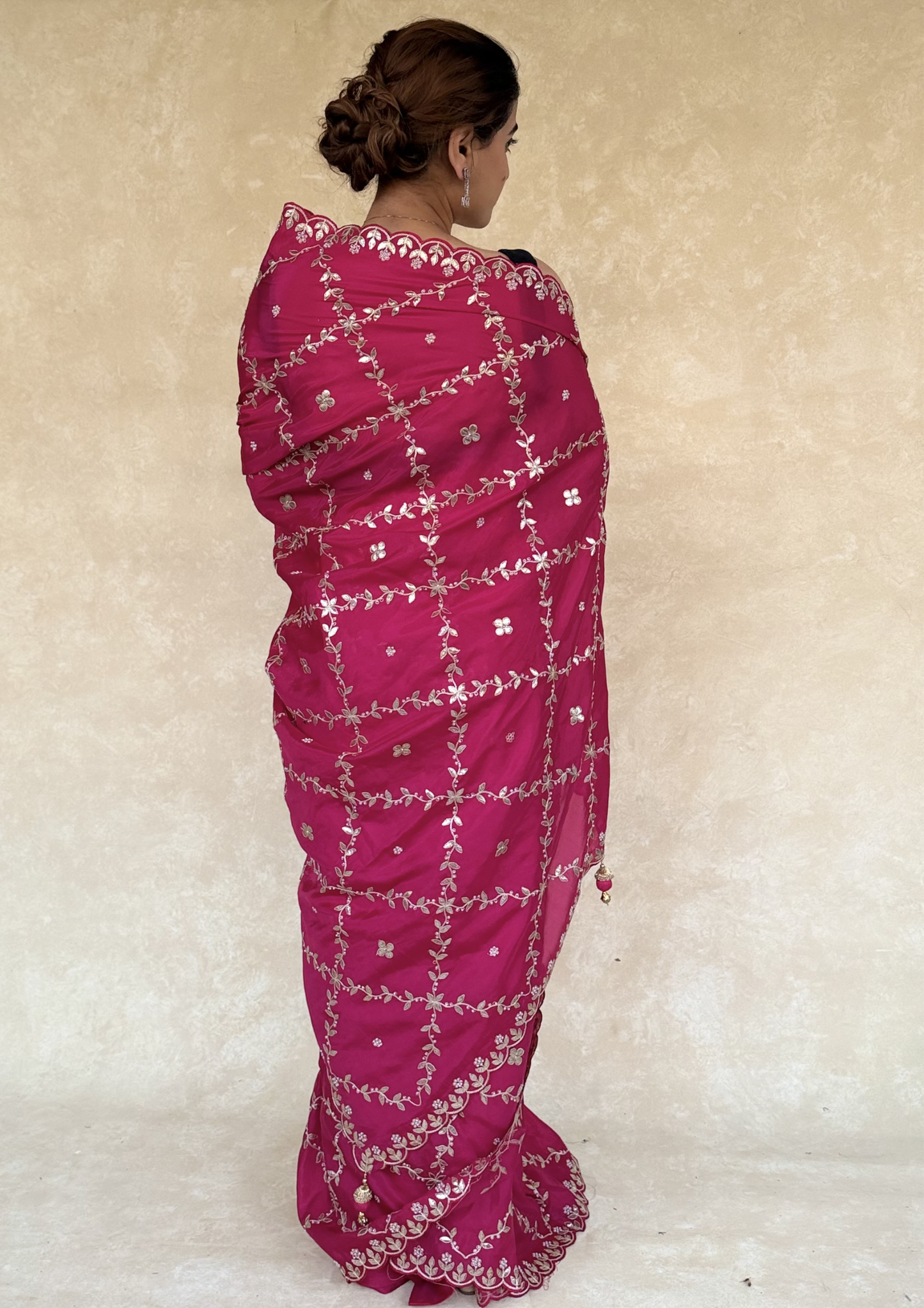 Red H.O. Silk Saree with Gota Foil, Sequence & Moti Work