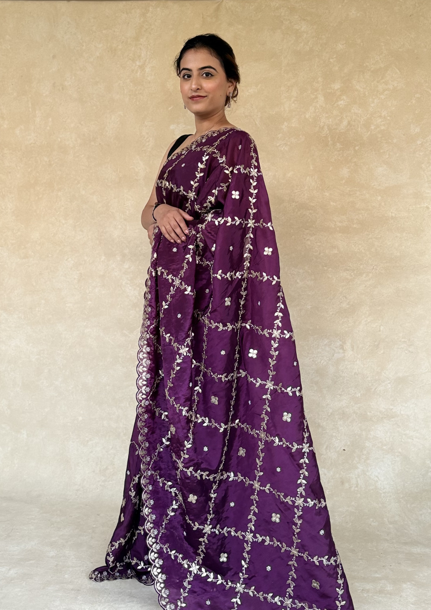 Purple H.O. Silk Saree with Gota Foil, Sequence & Moti Work