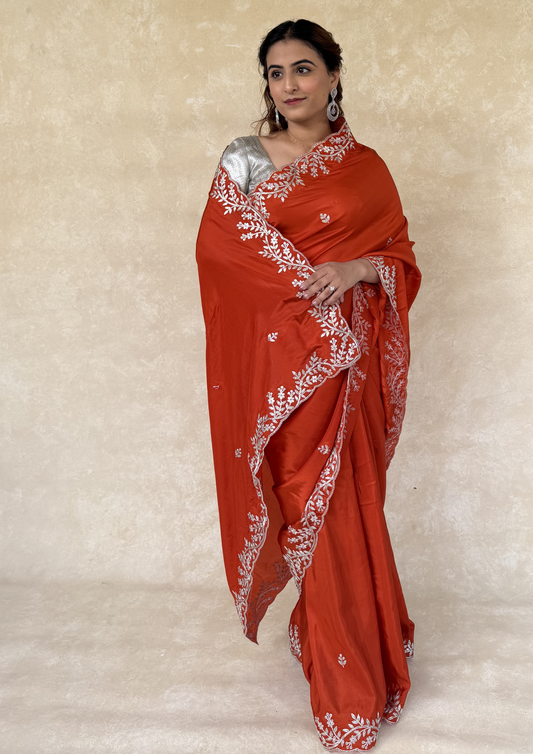 Orange H.O. Silk Saree with Zardosi Work