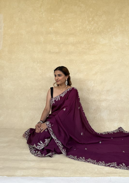 Wine H.O. Silk Saree with Zardosi Work