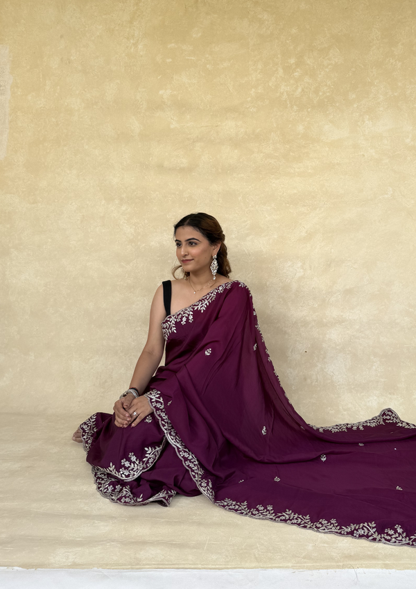 Wine H.O. Silk Saree with Zardosi Work