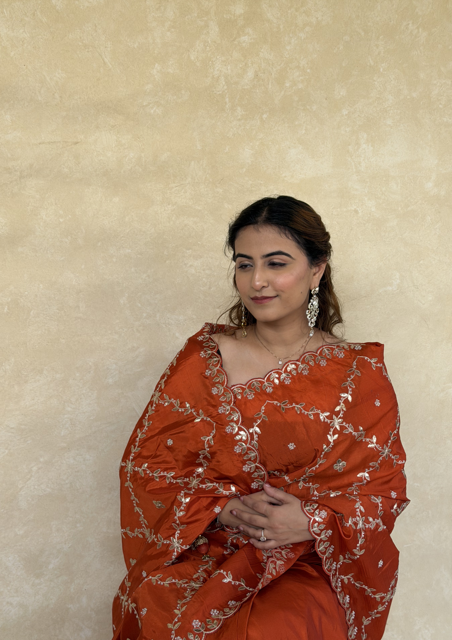 Rusty Orange H.O. Silk Saree with Gota Foil, Sequence & Moti Work