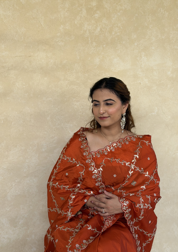 Rusty Orange H.O. Silk Saree with Gota Foil, Sequence & Moti Work