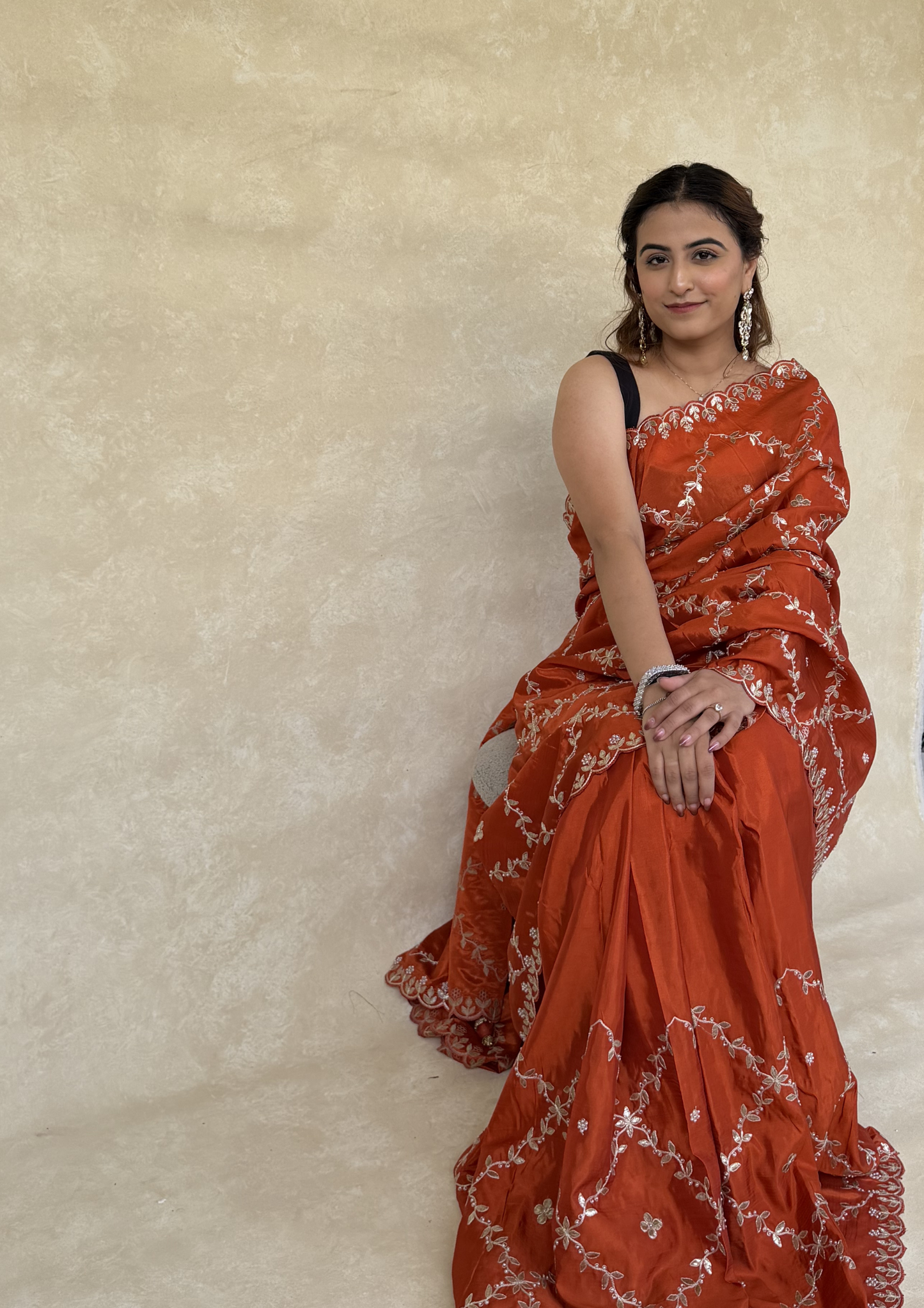 Rusty Orange H.O. Silk Saree with Gota Foil, Sequence & Moti Work
