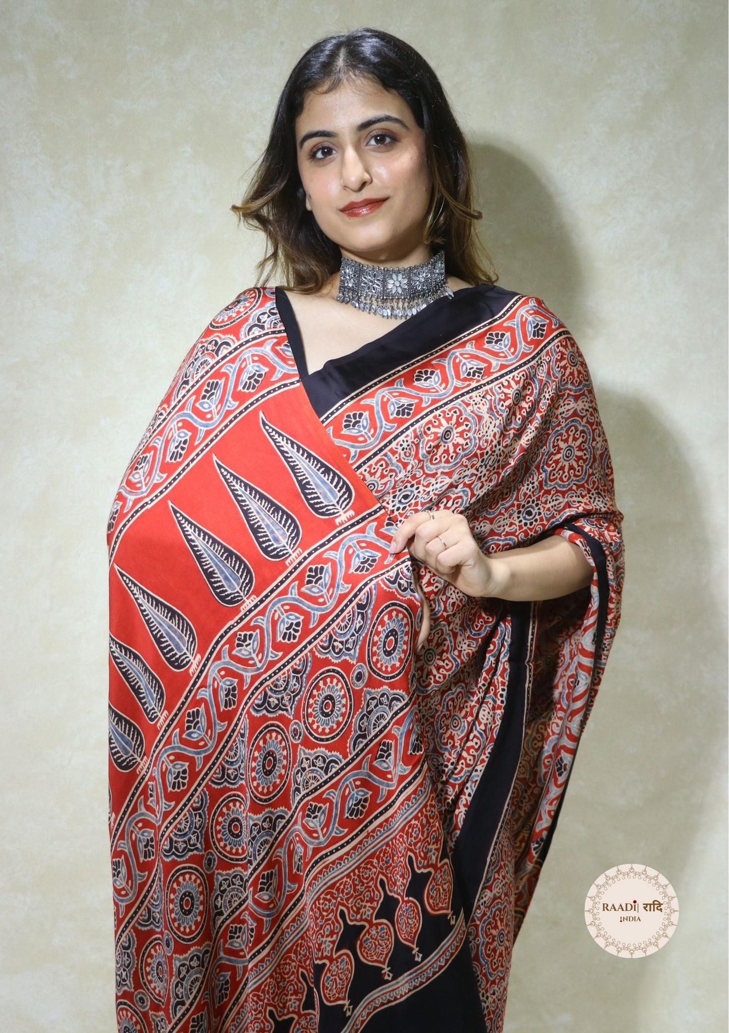 Ajrakh Modal Silk Saree from Kutch – Handcrafted with Natural Dyes