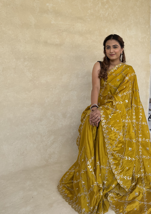 Mustard H.O. Silk Saree with Gota Foil, Sequence & Moti Work