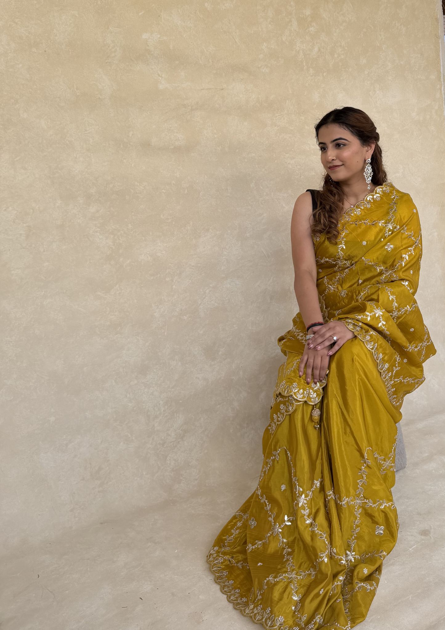 Mustard H.O. Silk Saree with Gota Foil, Sequence & Moti Work
