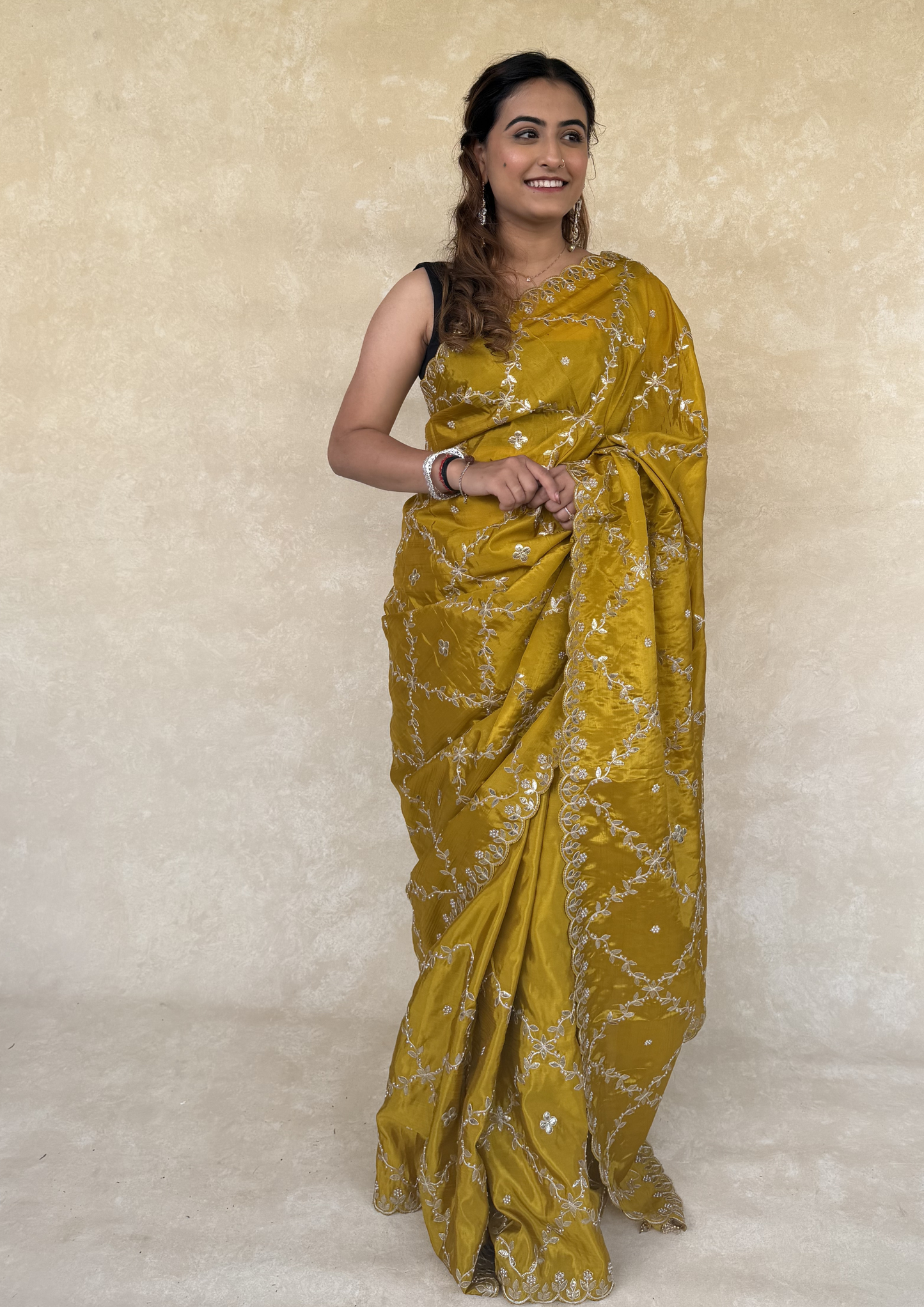 Mustard H.O. Silk Saree with Gota Foil, Sequence & Moti Work