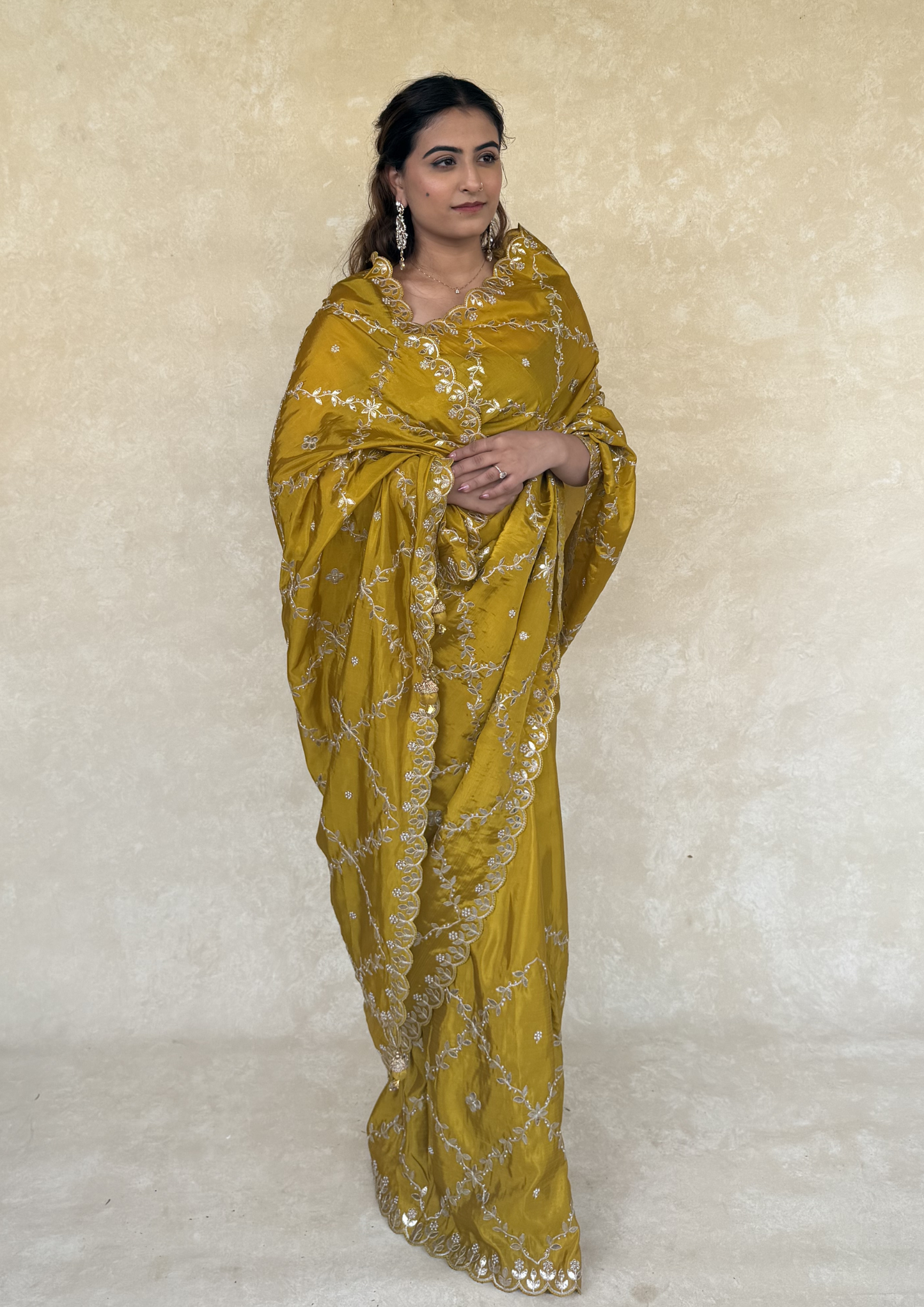 Mustard H.O. Silk Saree with Gota Foil, Sequence & Moti Work
