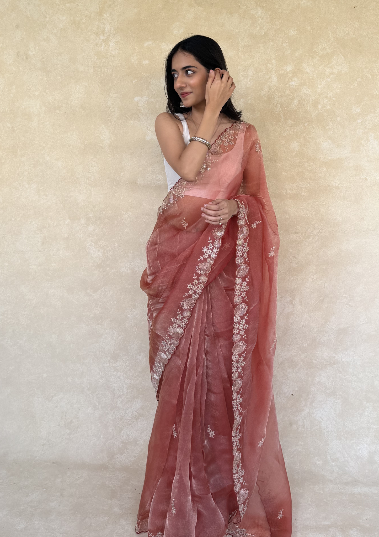 Rusty Orange Soft Tissue Saree with Intricate Pita Work