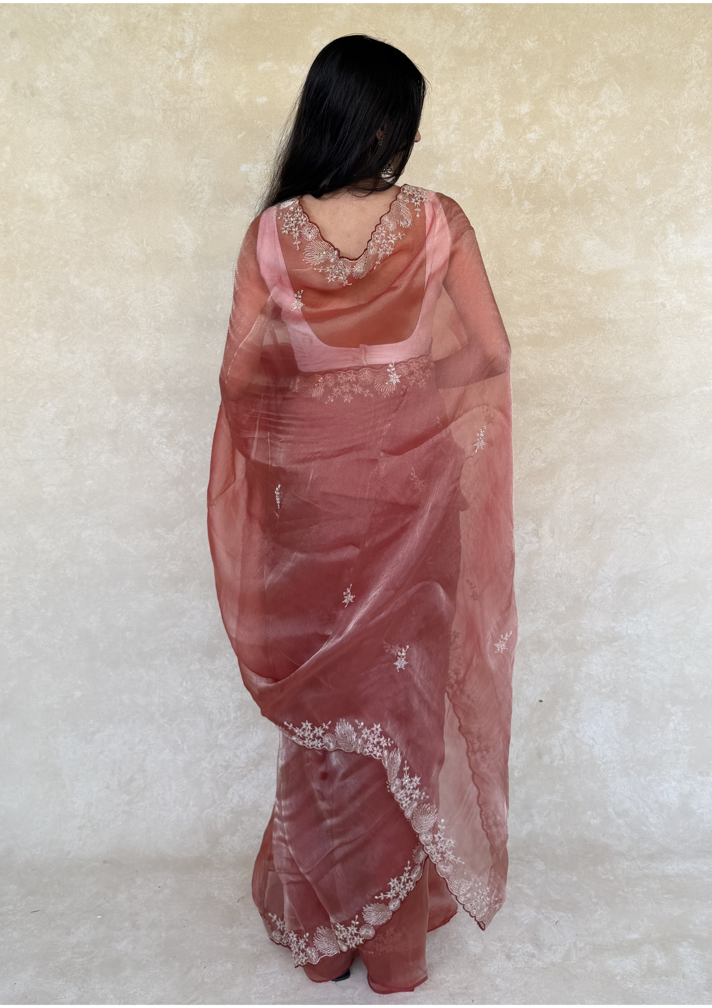 Rusty Orange Soft Tissue Saree with Intricate Pita Work
