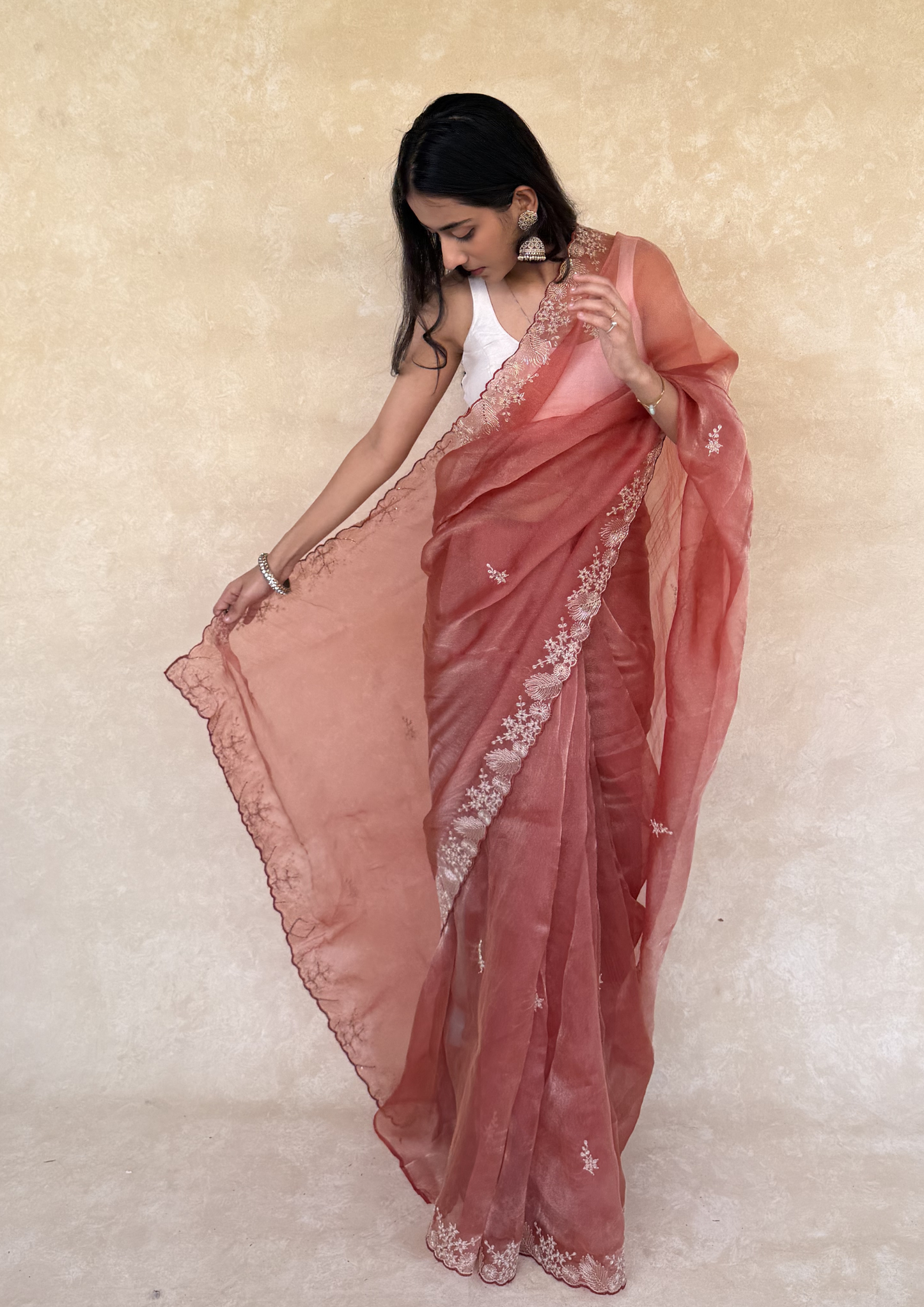 Rusty Orange Soft Tissue Saree with Intricate Pita Work