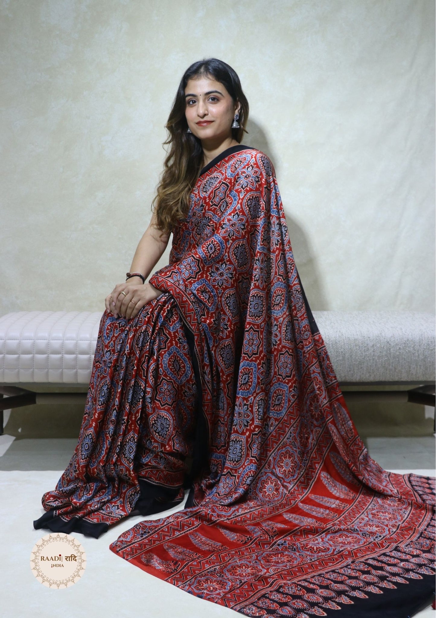 Ajrakh Modal Silk Saree from Kutch – Handcrafted with Natural Dyes