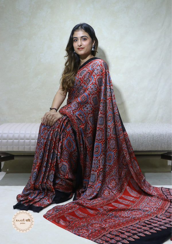 Ajrakh Modal Silk Saree from Kutch – Handcrafted with Natural Dyes
