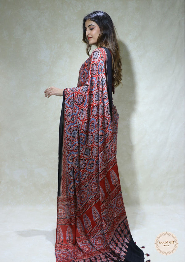 Ajrakh Modal Silk Saree from Kutch – Handcrafted with Natural Dyes
