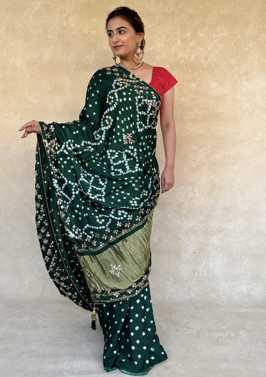 Modal Gajji Bandhani Saree With Handcrafted Cutdhana Work-Green