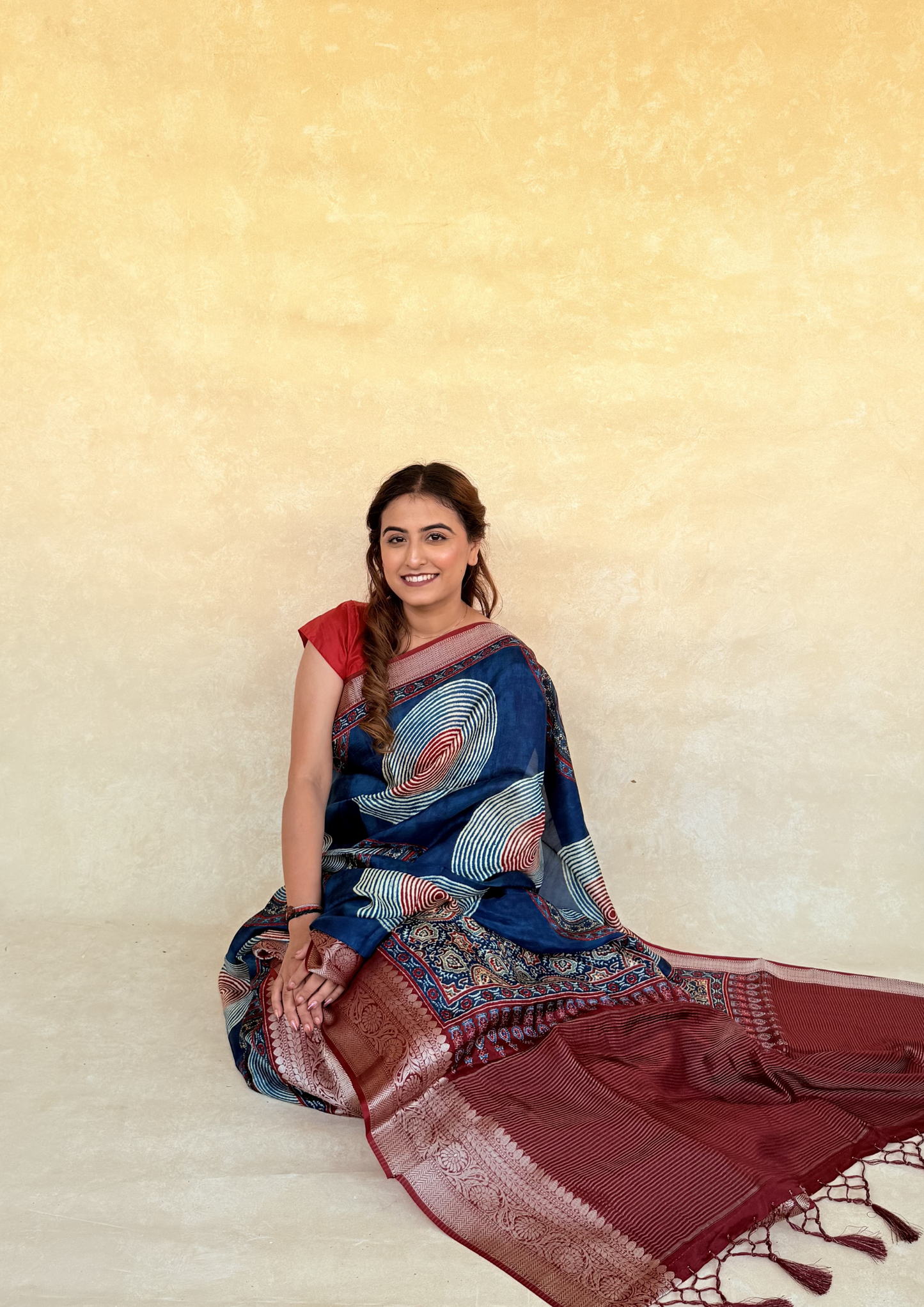 Russian Dola Silk Saree in Indigo & Madder with Circular Ajrakh-Inspired Motifs