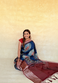 Russian Dola Silk Saree in Indigo & Madder with Circular Ajrakh-Inspired Motifs