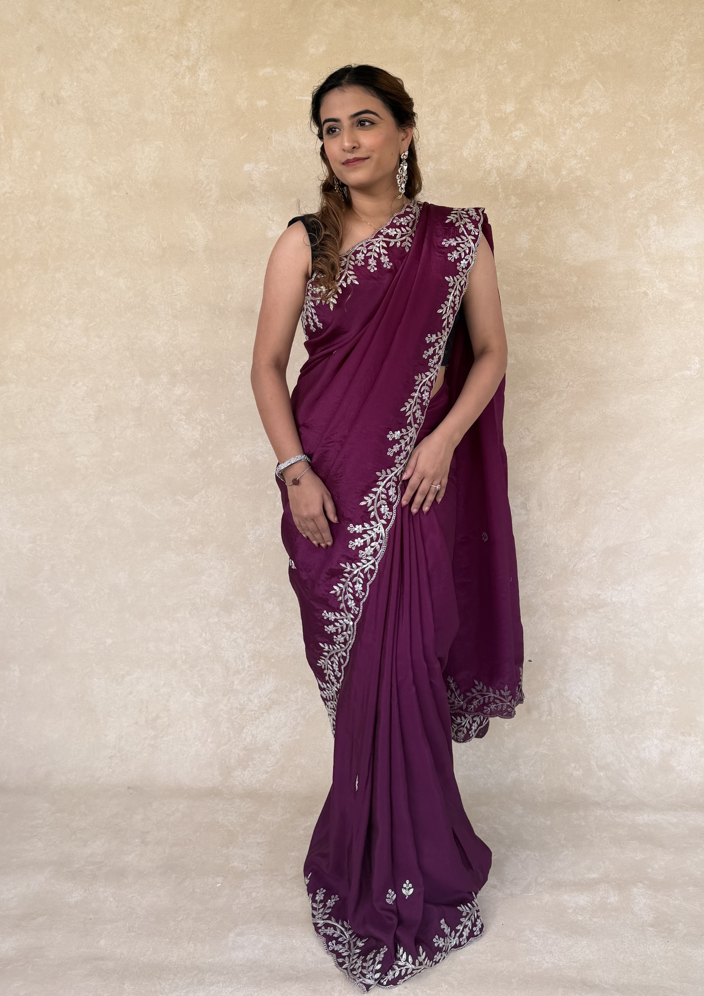 Wine H.O. Silk Saree with Zardosi Work