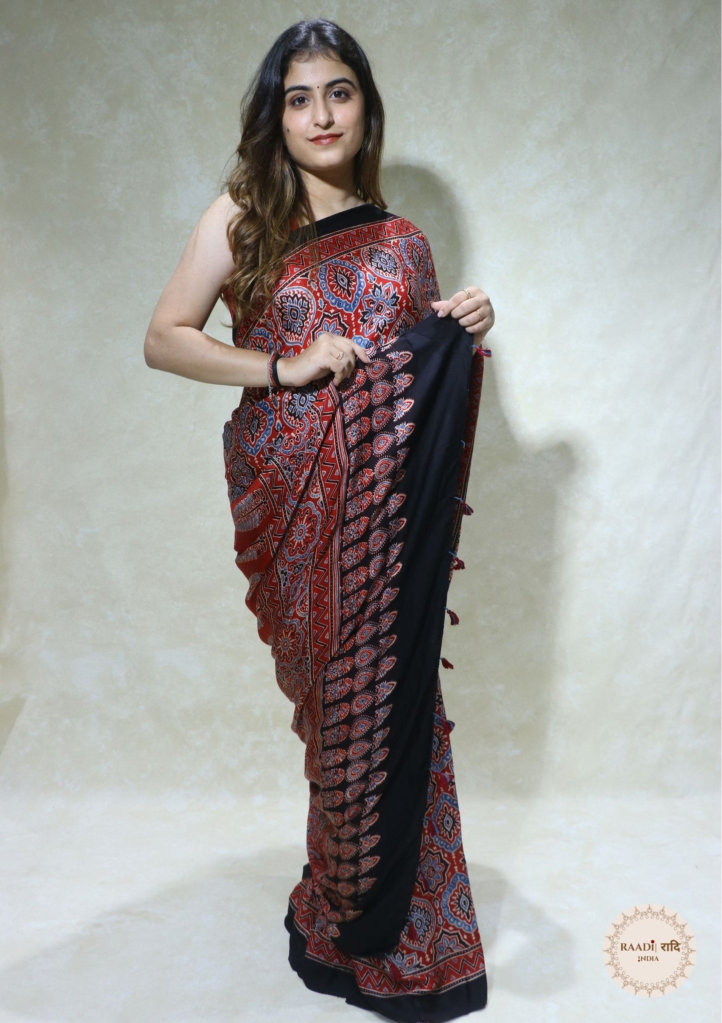 Ajrakh Modal Silk Saree from Kutch – Handcrafted with Natural Dyes