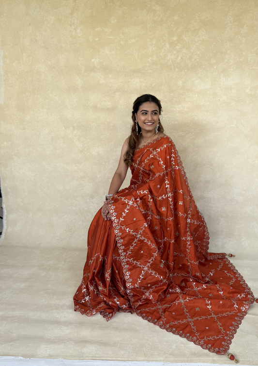 Rusty Orange H.O. Silk Saree with Gota Foil, Sequence & Moti Work
