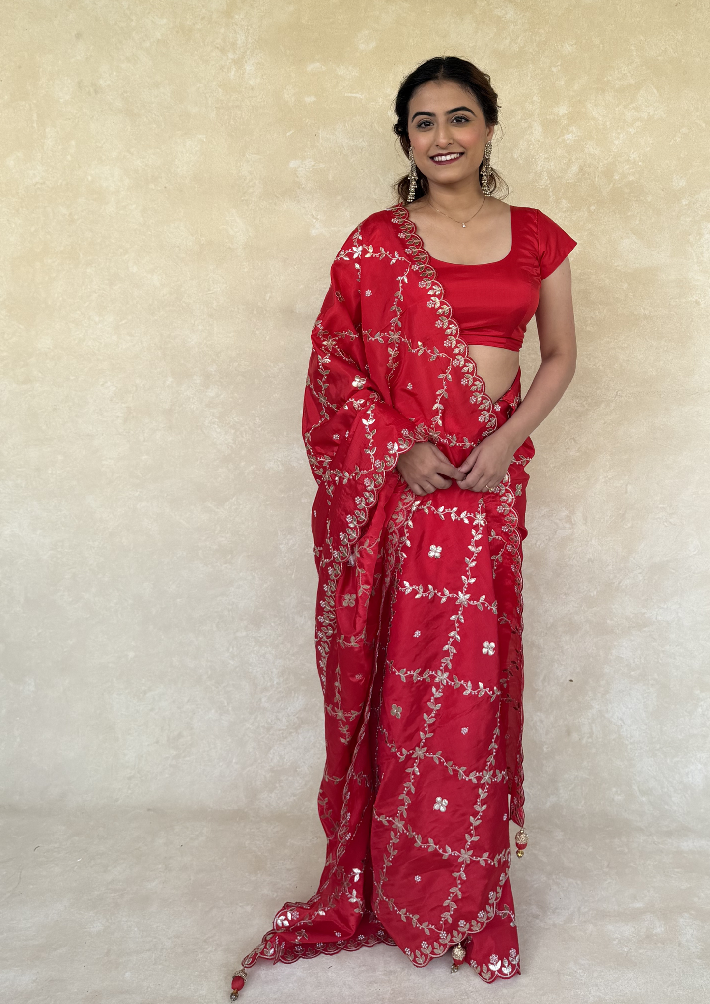 Red H.O. Silk Saree with Gota Foil, Sequence & Moti Work