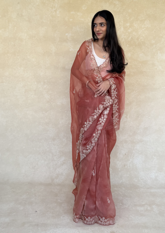 Rusty Orange Soft Tissue Saree with Intricate Pita Work